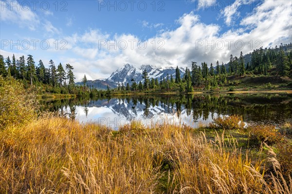 Mt. Shuksan glacier with snow reflecting in Picture Lake