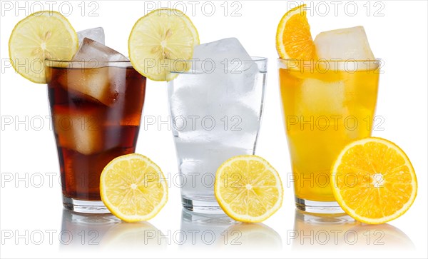 Drinks Lemonade Cola Soft drinks in a glass in a row with lemon