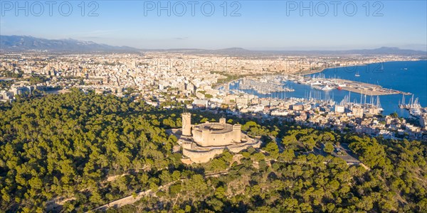 Castell de Bellver castle with harbour holiday travel aerial panorama in Palma de Majorca