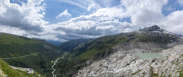 Alpine landscape with Rhone spring and view into the Rhone valley