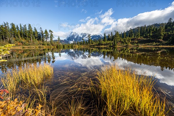 Mt. Shuksan glacier with snow reflecting in Picture Lake