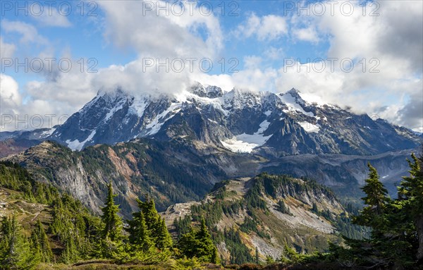 View from Table Mountain of Mt. Shuksan with snow and glacier