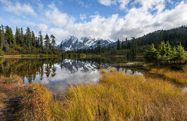 Mt. Shuksan glacier with snow reflecting in Picture Lake