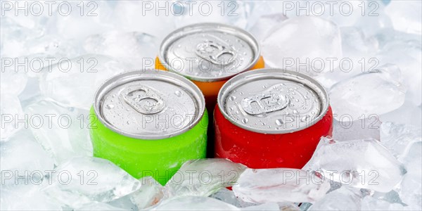 Drinks Lemonade Cola Soft drinks in cans Drinks cans on ice cube Ice cubes