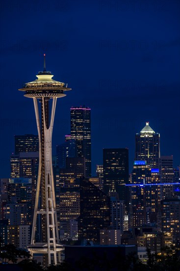 View over illuminated skyscrapers of Seattle