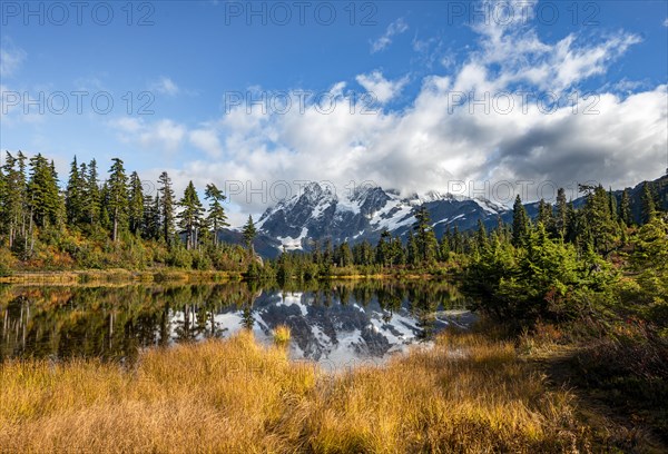 Mt. Shuksan glacier with snow reflecting in Picture Lake