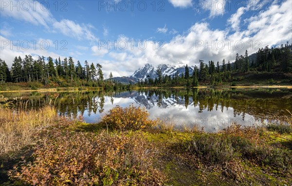 Mt. Shuksan glacier with snow reflecting in Picture Lake