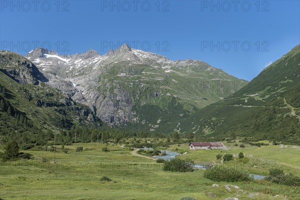 Landscape of the Rhone Valley with the Rhone River in front of the massif of the Rhone Glacier