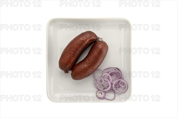 Blood sausage with onion slices on a plate
