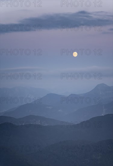 View from the summit of Benediktenwand at sunset with moon