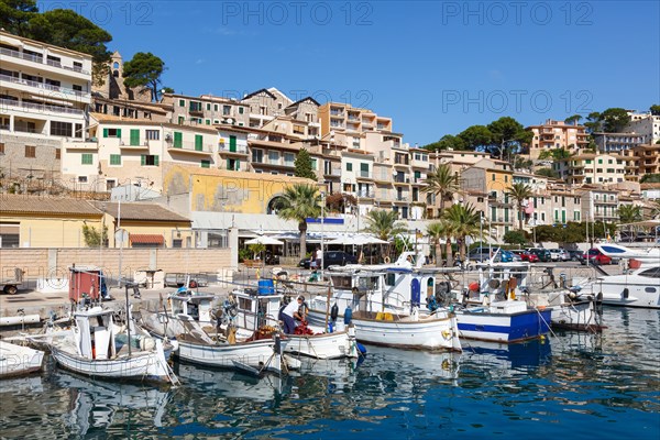 Port with boats holiday travel town in Majorca in Port de Soller