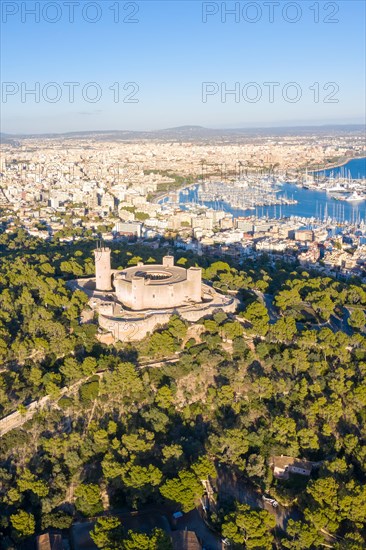 Castell de Bellver castle with harbour holiday travel aerial view in Palma de Majorca