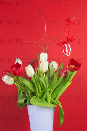 Bouquet of tulips with Easter egg