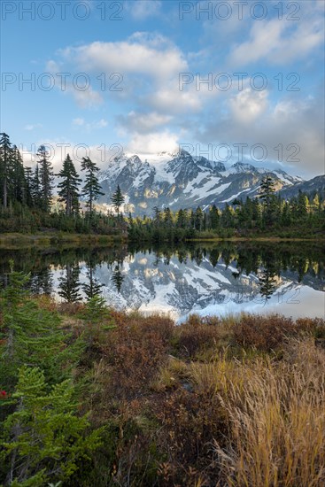 Mt. Shuksan glacier with snow reflecting in Picture Lake