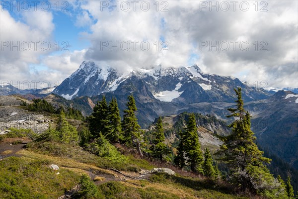 View from Table Mountain of Mt. Shuksan with snow and glacier