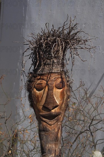 Carved head from branch of a palm tree