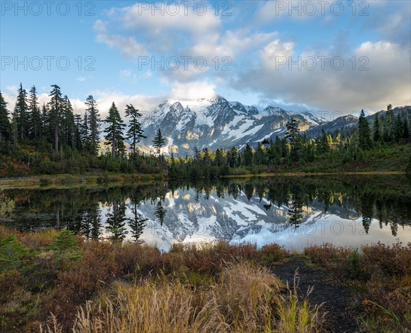 Mt. Shuksan glacier with snow reflecting in Picture Lake