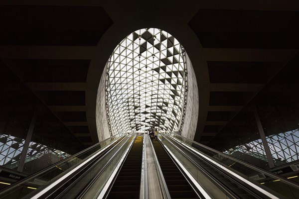 People on escalator with modern skylight