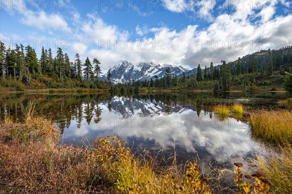 Mt. Shuksan glacier with snow reflecting in Picture Lake