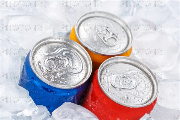 Beverages Lemonade Cola Soft drinks in cans Beverage cans on ice cube Ice cubes in