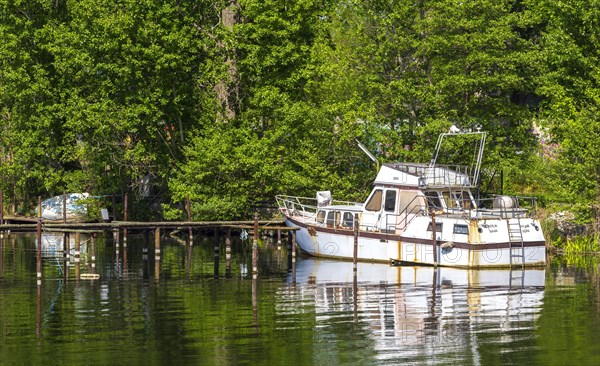 Rusty old motor yacht on the banks of the Havel in Spandau