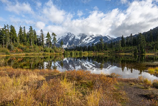 Mt. Shuksan glacier with snow reflecting in Picture Lake