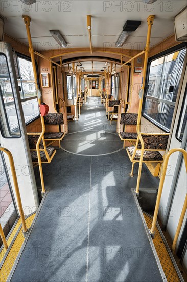 Empty tram at a stop