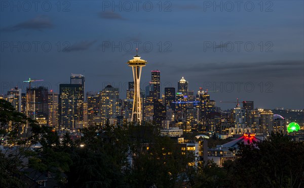 View over illuminated skyscrapers of Seattle