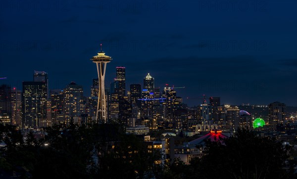View over illuminated skyscrapers of Seattle