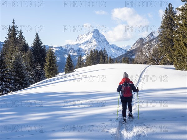 Snowshoe hiker in winter landscape