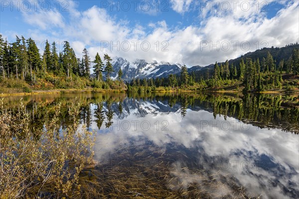 Mt. Shuksan glacier with snow reflecting in Picture Lake