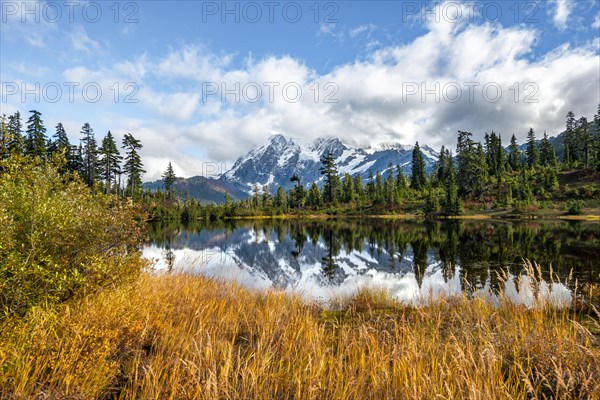 Mt. Shuksan glacier with snow reflecting in Picture Lake