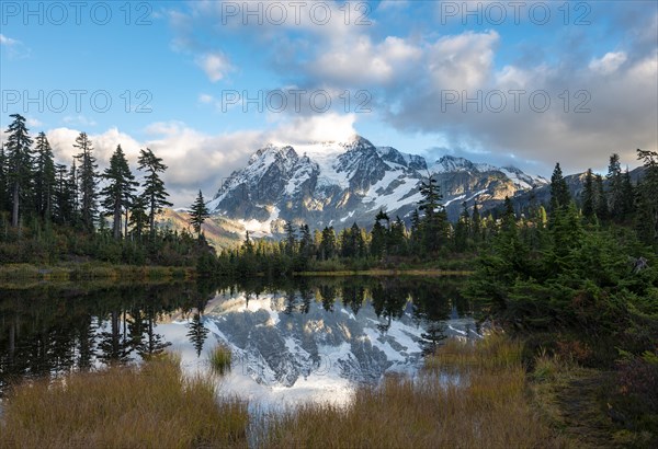 Mt. Shuksan glacier with snow reflecting in Picture Lake