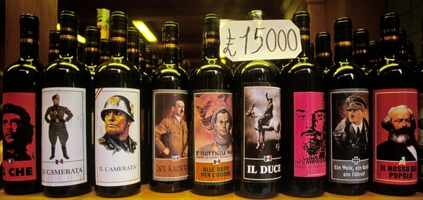 Wine bottles with labels of Mussolini