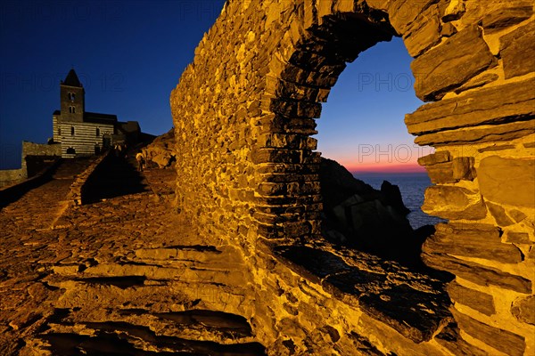 Historic church Chiesa San Pietro in Porto Venere at sunset