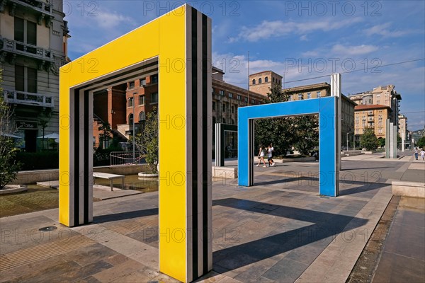 Sculpture arches by the French artist Daniel Buren on the Piazza Giuseppe Verdi in La Spezia
