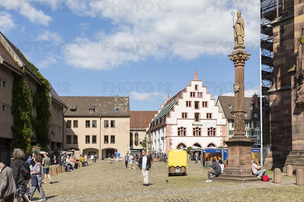 West side of Muensterplatz with granary and patronal column at the cathedral