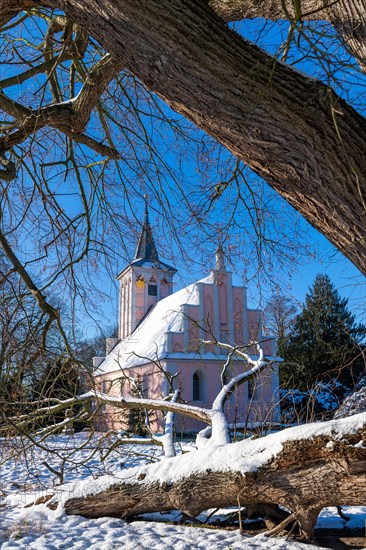 Village church in Lenne Park Criewen in winter