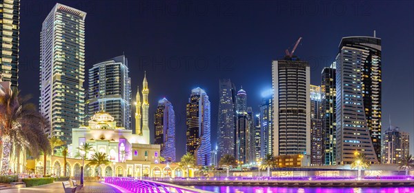 Mosque at Dubai Marina Skyline Architecture Luxury Holidays in Arabia Panorama by Night in Dubai