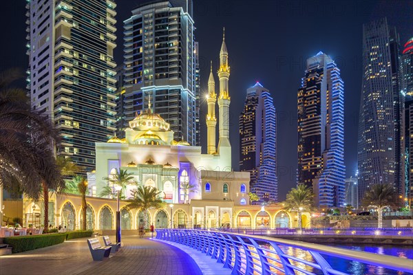 Mosque at Dubai Marina Skyline Architecture Luxury Holiday in Arabia by Night in Dubai