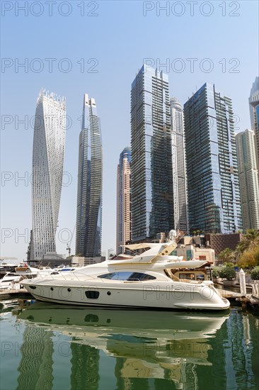 Dubai Marina and Harbour Skyline Architecture Luxury Holidays in Arabia with Boat Yacht in Dubai