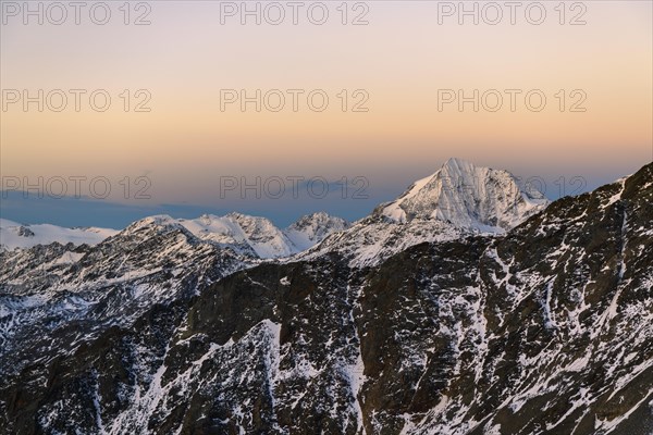 Snowy summit of the Koenigspitze in the morning light