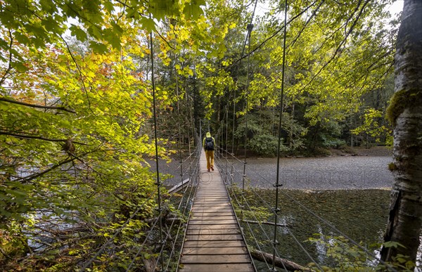 Hikers on suspension bridge in autumnal forest