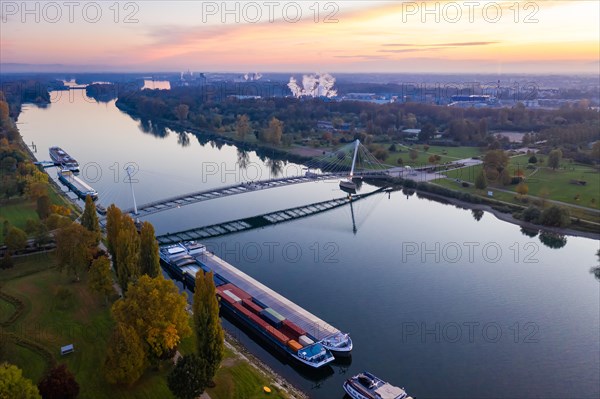 Bridge of the two banks over river Rhine between Germany and France aerial view in Kehl