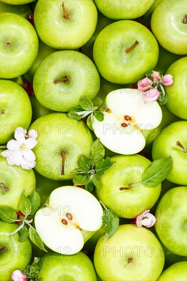 Apples fruits green apple fruit background with flowers and leaves