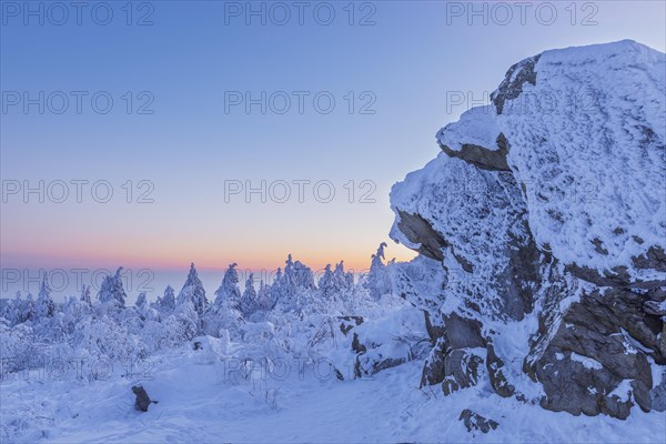 Snow Covered Winter Landscape with Rock at Dawn. Grosser Feldberg