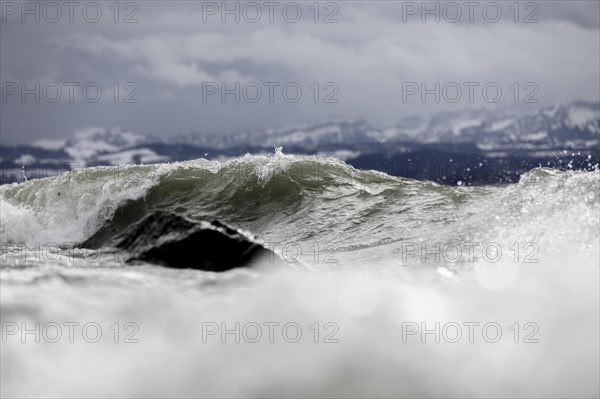 Storm Lolita raging on the rocky shore with waves in Hagnau