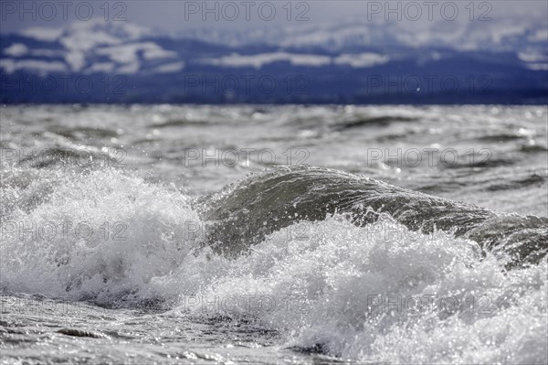 Storm Lolita raging on the rocky shore with waves in Hagnau