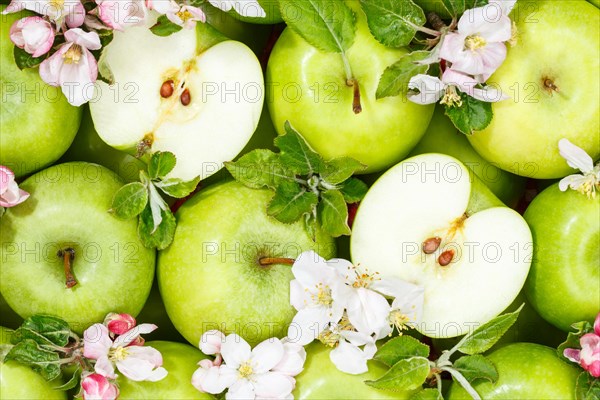 Apples fruits green apple fruit background with flowers and leaves