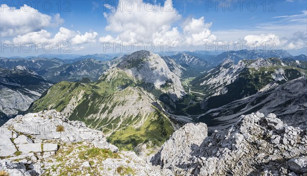 View from the summit of the Lamsenspitze into the Falzthurntal valley with Sonnjoch peak